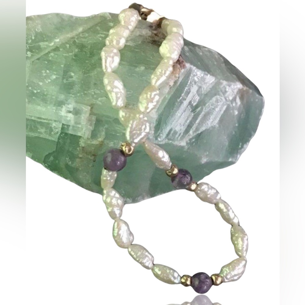 14K Japanese Rice Pearl Lavender Jade Bracelet Chic Gemstones Pearls Vintage 80s - Picture 5 of 7